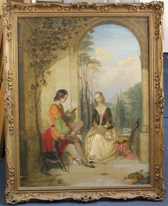 Samuel Baldwin (fl.1843-1858) Medieval lovers beside an archway, a landscape beyond, 36 x 28in.